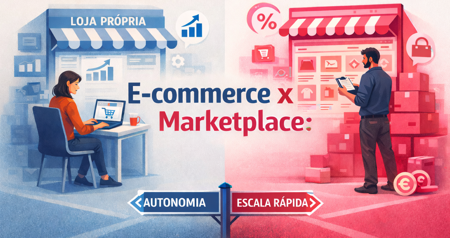 Comparativo de e-commerce x marketplace mostrando loja própria versus plataforma pronta