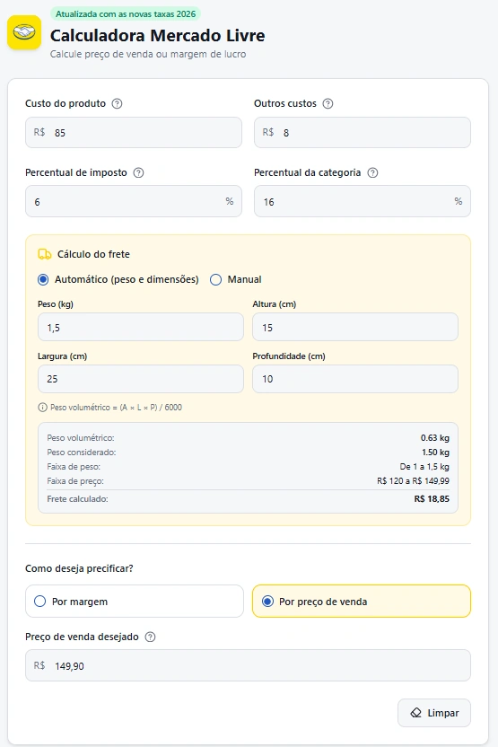 Calculadora de Precificação Mercado Livre — campos preenchidos com produto real